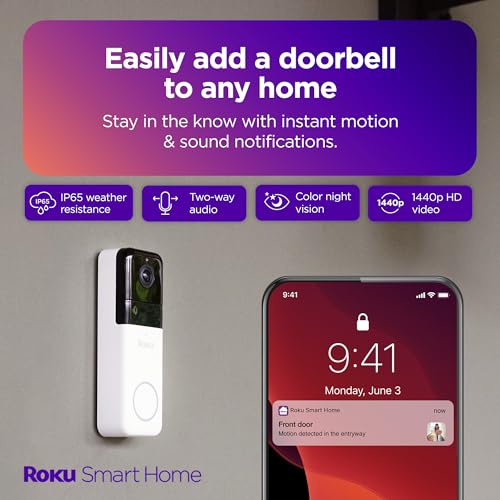 Roku Smart Home Wireless Video Doorbell & Chime - 1440p HD Night Vision Ultrawide View Doorbell Camera with Motion & Sound Detection, Works with Alexa & Google - 90-Day Subscription Included