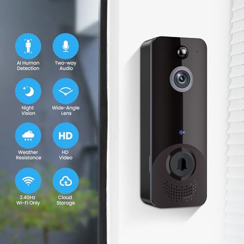 ALPHAPEACH Smart Video Doorbell Camera Wireless, Chime Ringer Included, 2-Way Audio, AI Human Detection, Live View, Night Vision, Cloud Storage, Rechargeable Battery, Indoor Outdoor Surveillance