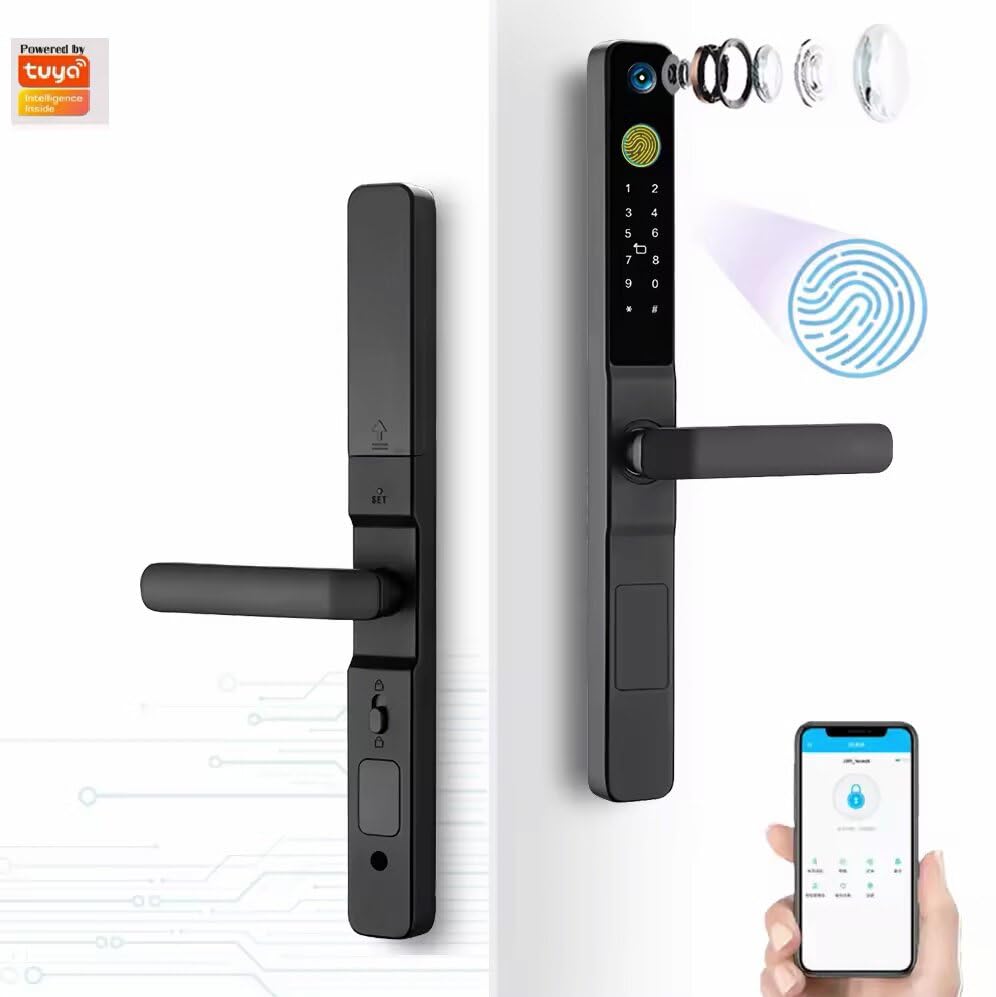 Smart Slim Door Lock, keyless Door Entry, Electronic Lock for Front Door with Doorbell, Electric Door Lock, Mortise Lock with Handle, Fingerprint, Code, IC Card Entry, Key, WiFi, Tuya app (Camera)