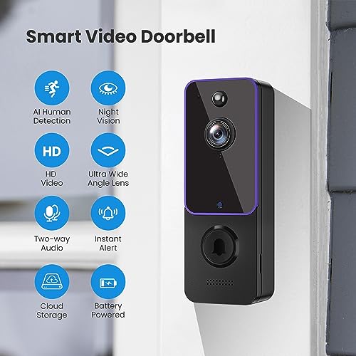 BITEPASS Doorbell Camera Wireless, Smart Video Cam with Chime, AI Human Detection, Two Way Audio, HD Live View, Night Vision, 2.4G WiFi Only, Cloud Storage, Indoor Outdoor Surveillance