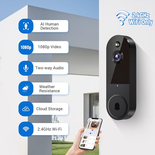 ALPHAPEACH 1080P Wireless Video Doorbell Camera, Chime Ringer Included, 2-Way Audio, Live View, AI Human Detection, Night Vision, 2.4G WiFi, Cloud Storage, Battery Powered, Indoor Outdoor Surveillance
