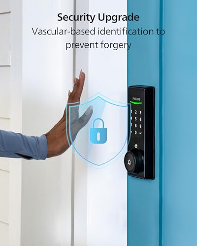 Philips Palm Recognition Wi-Fi Smart Deadbolt Lock, 2-in-1 Doorbell & Palm Recognition Keyless Entry Door Lock, Built-in WiFi, Remote Control, Wireless Chime, Auto-Unlock&Lock, One-Touch Lock, Black