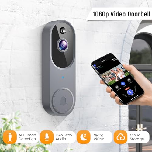 ALPHAPEACH 1080P Video Doorbell Camera Wireless, Chime Ringer Included, Live View, Night Vision, Smart AI Human Detection, 2.4G WiFi, 2-Way Audio, Cloud Storage, Indoor Outdoor Surveillance