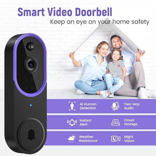 BITEPASS 1080p Video Doorbell Camera Wireless with Chime, AI Human Detection, 2-Way Audio, FHD Live View, 2.4G WiFi, Night Vision, Cloud Storage, Battery Powered, Indoor Outdoor Surveillance