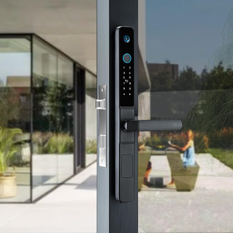 Smart Slim Door Lock, keyless Door Entry, Electronic Lock for Front Door with Doorbell, Electric Door Lock, Mortise Lock with Handle, Fingerprint, Code, IC Card Entry, Key, WiFi, Tuya app (Camera)