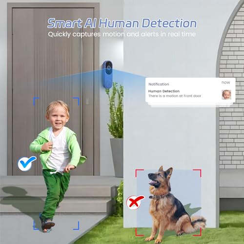 Guggre Smart Video Doorbell Camera with Chime, AI Human Detection, Cloud Storage, 2-Way Audio, Live View, Night Vision, Real-Time Alert, Wireless Indoor/Outdoor Surveillance, 2.4GHz Wi-Fi