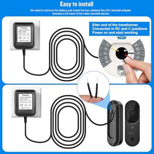 Fesasn C Wire Power Adapter,16-24 Vot Doorbell Power Transformer,for Ring Doorbell and Smart Thermostat for Nest Ecobee, Sensi and Honeywell (16.5 FT Black)