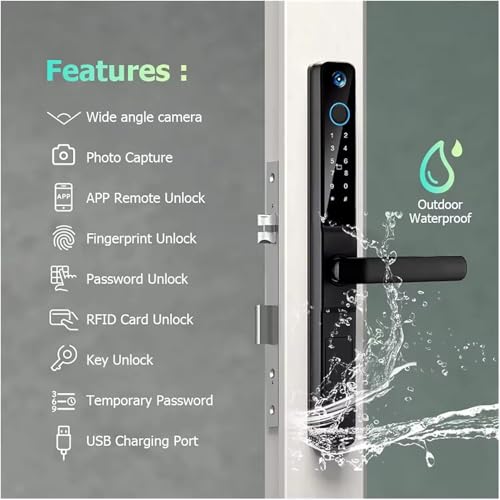 Smart Slim Door Lock, keyless Door Entry, Electronic Lock for Front Door with Doorbell, Electric Door Lock, Mortise Lock with Handle, Fingerprint, Code, IC Card Entry, Key, WiFi, Tuya app (Camera)