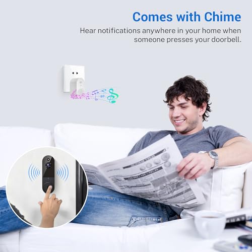 ALPHAPEACH 1080P Wireless Video Doorbell Camera, Chime Ringer Included, 2-Way Audio, Live View, AI Human Detection, Night Vision, 2.4G WiFi, Cloud Storage, Battery Powered, Indoor Outdoor Surveillance