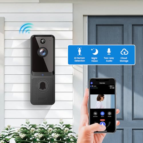 ALPHAPEACH Smart Video Doorbell Camera Wireless with Included Chime, AI Human Detection, Cloud Storage, Night Vision, 2-Way Audio, Battery Powered, 2.4G WiFi, Indoor Outdoor Surveillance