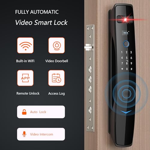 Necchuizo 3D Face Recognition Smart Door Lock,Video Smart Lock with Camera,Build-in WiFi,Video Doorbell,Fingerprint,APP Control,Security WiFi Smart Mortise Lock Kit with Cylinder Deadbolt