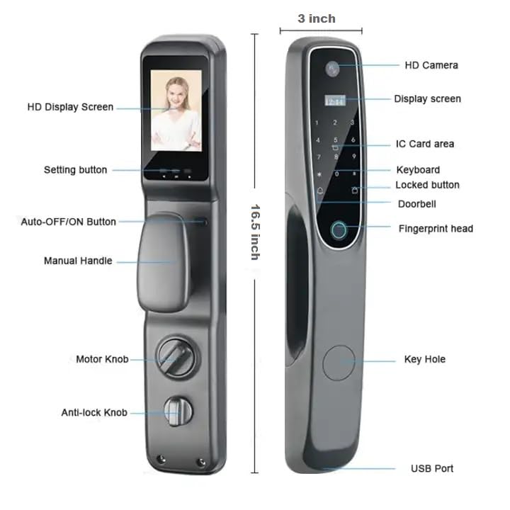 Smart Door Lock with Camera, keyless door entry lock, electronic locks for Front doors with Doorbell, Waterproof Door Lock with Fingerprint, Code, IC Card Entry, Key, Rechargeable Battery, Tuya APP