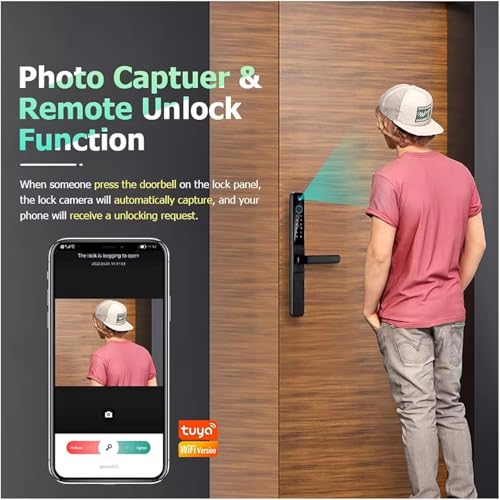 Smart Slim Door Lock, keyless Door Entry, Electronic Lock for Front Door with Doorbell, Electric Door Lock, Mortise Lock with Handle, Fingerprint, Code, IC Card Entry, Key, WiFi, Tuya app (Camera)