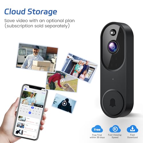 Guggre 1080P Video Doorbell Camera, Smart Human Detection, Cloud Storage, Chime Included, Live View, 2-Way Audio, IR Night Vision, Battery Powered, Indoor/Outdoor Surveillance