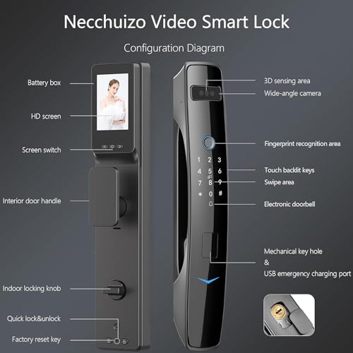 Necchuizo 3D Face Recognition Smart Door Lock,Video Smart Lock with Camera,Build-in WiFi,Video Doorbell,Fingerprint,APP Control,Security WiFi Smart Mortise Lock Kit with Cylinder Deadbolt