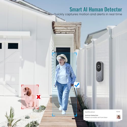 ALPHAPEACH 1080P Video Doorbell Camera Wireless, Chime Ringer Included, Live View, Night Vision, Smart AI Human Detection, 2.4G WiFi, 2-Way Audio, Cloud Storage, Indoor Outdoor Surveillance