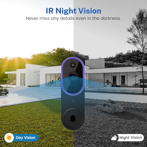 BITEPASS 1080p Video Doorbell Camera Wireless with Chime, AI Human Detection, 2-Way Audio, FHD Live View, 2.4G WiFi, Night Vision, Cloud Storage, Battery Powered, Indoor Outdoor Surveillance