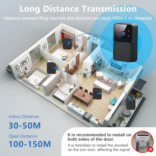 Smart Doorbell Wireless Remote Video Doorbell with Chime,IR Night Vision, 2-Way Audio,Home Intercom HD Wide Angle View Security Doorbell, M8-black