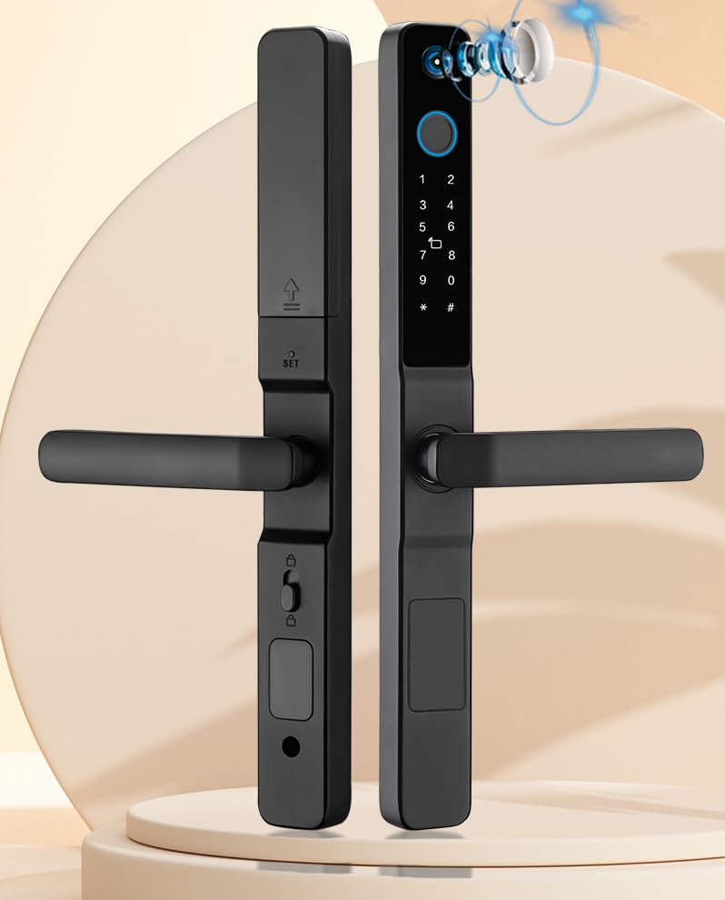 Smart Slim Door Lock, keyless Door Entry, Electronic Lock for Front Door with Doorbell, Electric Door Lock, Mortise Lock with Handle, Fingerprint, Code, IC Card Entry, Key, WiFi, Tuya app (Camera)