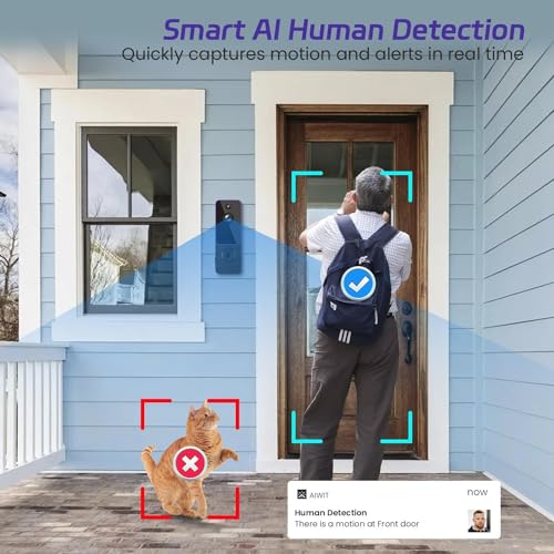 SJCODE Smart Video Doorbell Included Ring Chime, Security Camera Wireless, Battery Powered, Wide-Angle Lens, 2 Way Audio, Night Vision, Human Detection, for Indoor/Outdoor Surveillance