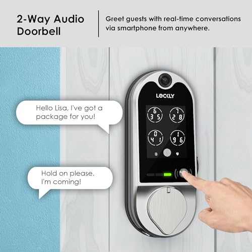 Lockly Vision, Video Doorbell Camera Smart Lock, 2-Way Audio Keyless Entry Door Lock, Fingerprint, Digital Keypad, Wi-Fi Smart Locks for Front Door with SD Card, No Monthly Fee, Satin Nickel