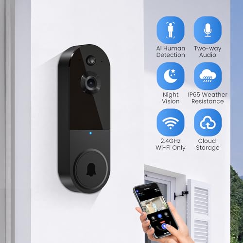 Biglory 1080P Smart Wireless Doorbell Camera with Chime, AI Human Detection, Live View, Night Vision, Home Security System, 2-Way Audio, Instant Alerts, 2.4G WiFi, Cloud Storage, Battery Powered