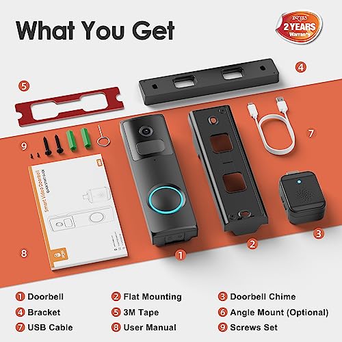 Dzees Doorbell Camera Wireless No Subscription, Smart Door Bell Cameras with Chime Ringer Battery Powered, SD/Cloud Storage, Anti Theft, AI Analysis, 2.4G WiFi Video Doorbell for Home Security