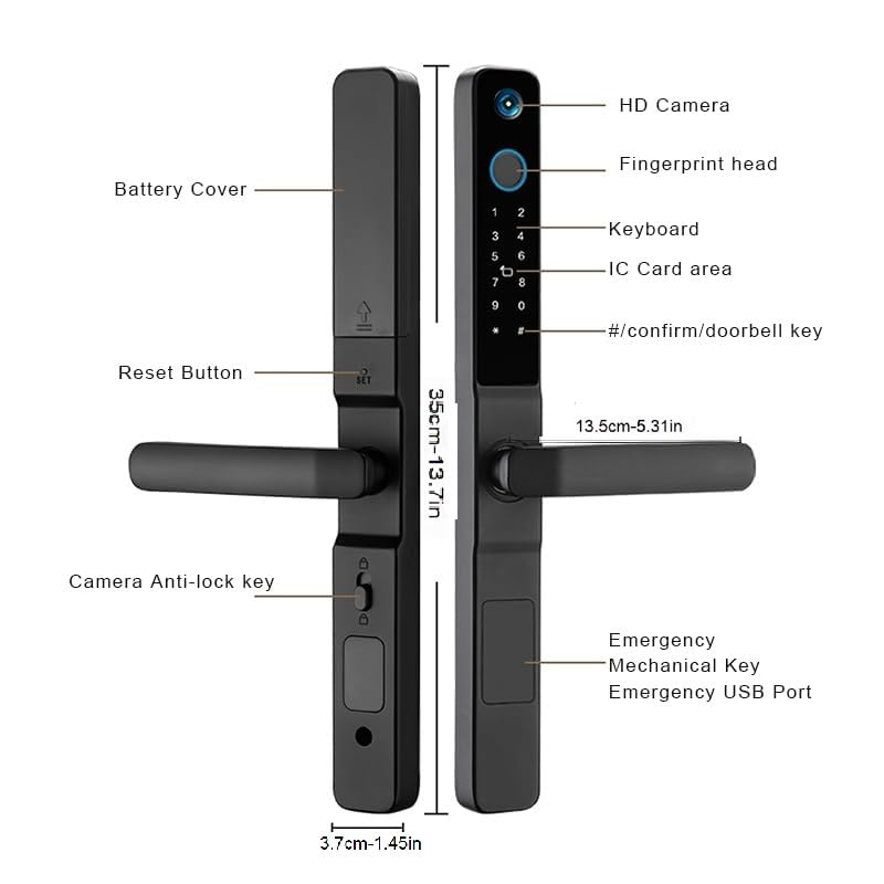 Smart Slim Door Lock, keyless Door Entry, Electronic Lock for Front Door with Doorbell, Electric Door Lock, Mortise Lock with Handle, Fingerprint, Code, IC Card Entry, Key, WiFi, Tuya app (Camera)