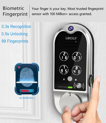 Lockly Vision, Video Doorbell Camera Smart Lock, 2-Way Audio Keyless Entry Door Lock, Fingerprint, Digital Keypad, Wi-Fi Smart Locks for Front Door with SD Card, No Monthly Fee, Satin Nickel