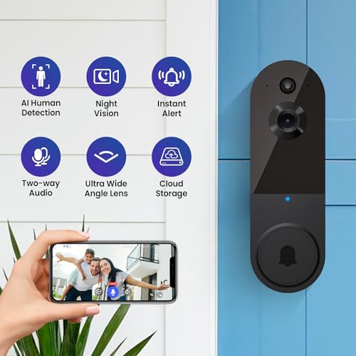 SJCODE Smart Video Doorbell Included Indoor Chime, Wide-Angle Lens, Battery Powered, Human Detection, 2 Way Audio, Night Vision, 1080P Security Camera Wireless for Indoor/Outdoor Surveillance