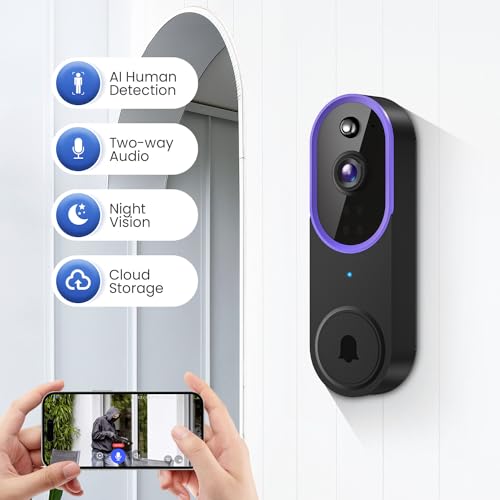 SUNNYJANE Smart 1080P Video Doorbell Camera Wireless, AI Human Detection, Live View, 2-Way Audio, Included Chime, Night Vision, 2.4G Wi-Fi, Cloud Storage, Indoor/Outdoor Surveillance Cam