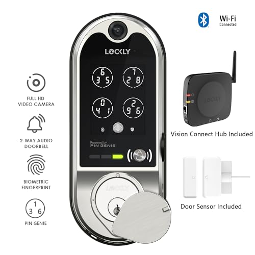 Lockly Vision, Video Doorbell Camera Smart Lock, 2-Way Audio Keyless Entry Door Lock, Fingerprint, Digital Keypad, Wi-Fi Smart Locks for Front Door with SD Card, No Monthly Fee, Satin Nickel