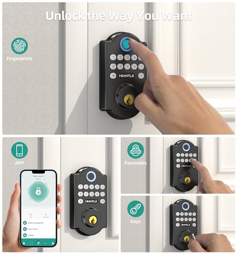 Smart WiFi Door Lock Set: HEANTLE Keyless Entry Front Door Lock Fingerprint Electronic Digital Keypad Deadbolt with Handles Set App Remote Control Alexa Voice Auto Lock