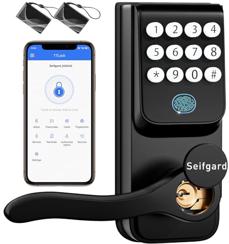 Fingerprint Door Lock with Handle, 5-in-1 Keyless Entry Door Lock with Fingerprint, Smart Door Locks for Front Door Fingerprint Biometric Door Lock Deadbolt,Smart Lock with Code for Bedroom (Black)