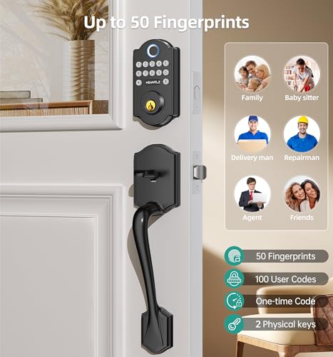 Smart WiFi Door Lock Set: HEANTLE Keyless Entry Front Door Lock Fingerprint Electronic Digital Keypad Deadbolt with Handles Set App Remote Control Alexa Voice Auto Lock