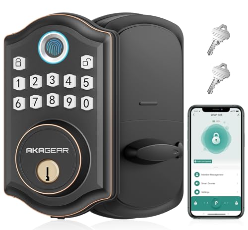 AkaGear Keyless Entry Door Lock with APP Control - Fingerprint Deadbolt Door Lock, Electronic Keypad Lock, Smart Locks for Front Door, Auto-Lock & One Touch Locking with Bluetooth - Oil Rubbed Bronze