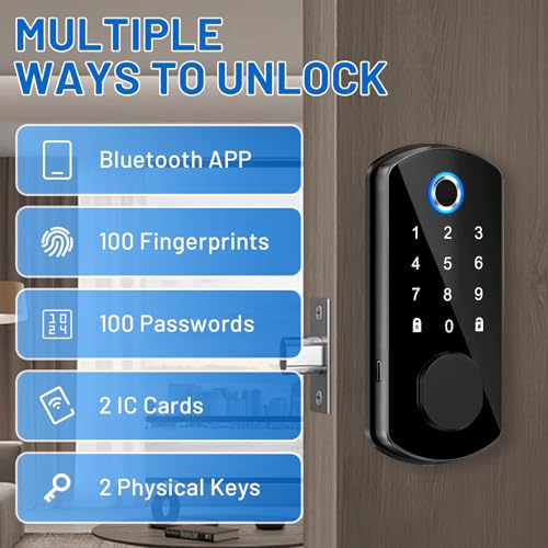 Fingerprint Door Lock, Smart Locks Deadbolt for Front Door, Keyless Entry Door Lock with Bluetooth App Control, Electronic Touchscreen Keypad, Biometric Door Knob for Bedroom, Home, Office