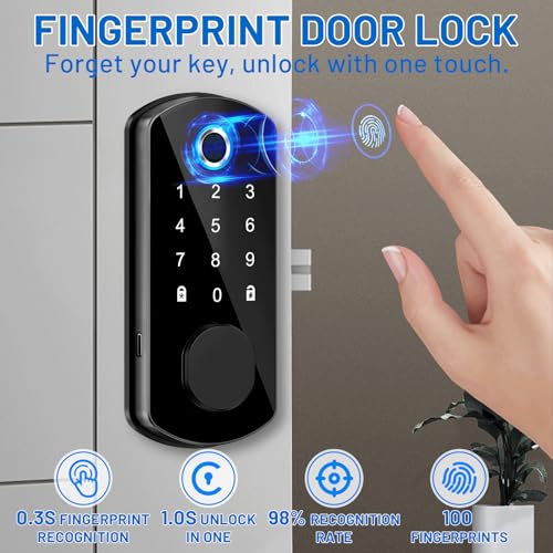 Fingerprint Door Lock, Smart Locks Deadbolt for Front Door, Keyless Entry Door Lock with Bluetooth App Control, Electronic Touchscreen Keypad, Biometric Door Knob for Bedroom, Home, Office