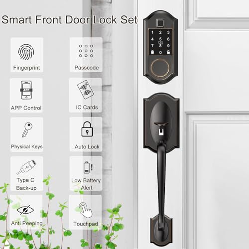 Smart Locks for Front Door, Keyless Entry Door Lock with Handle Set, Front Door Lock Set with APP Control, Fingerprint Door Lock with Deadbolt and Adjustable Lever, Oil Rubbed Bronze