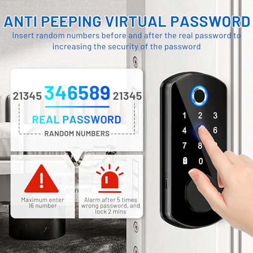 Fingerprint Door Lock, Smart Locks Deadbolt for Front Door, Keyless Entry Door Lock with Bluetooth App Control, Electronic Touchscreen Keypad, Biometric Door Knob for Bedroom, Home, Office