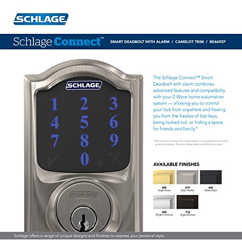 SCHLAGE Camelot Smart Deadbolt with Alarm, Satin Nickel