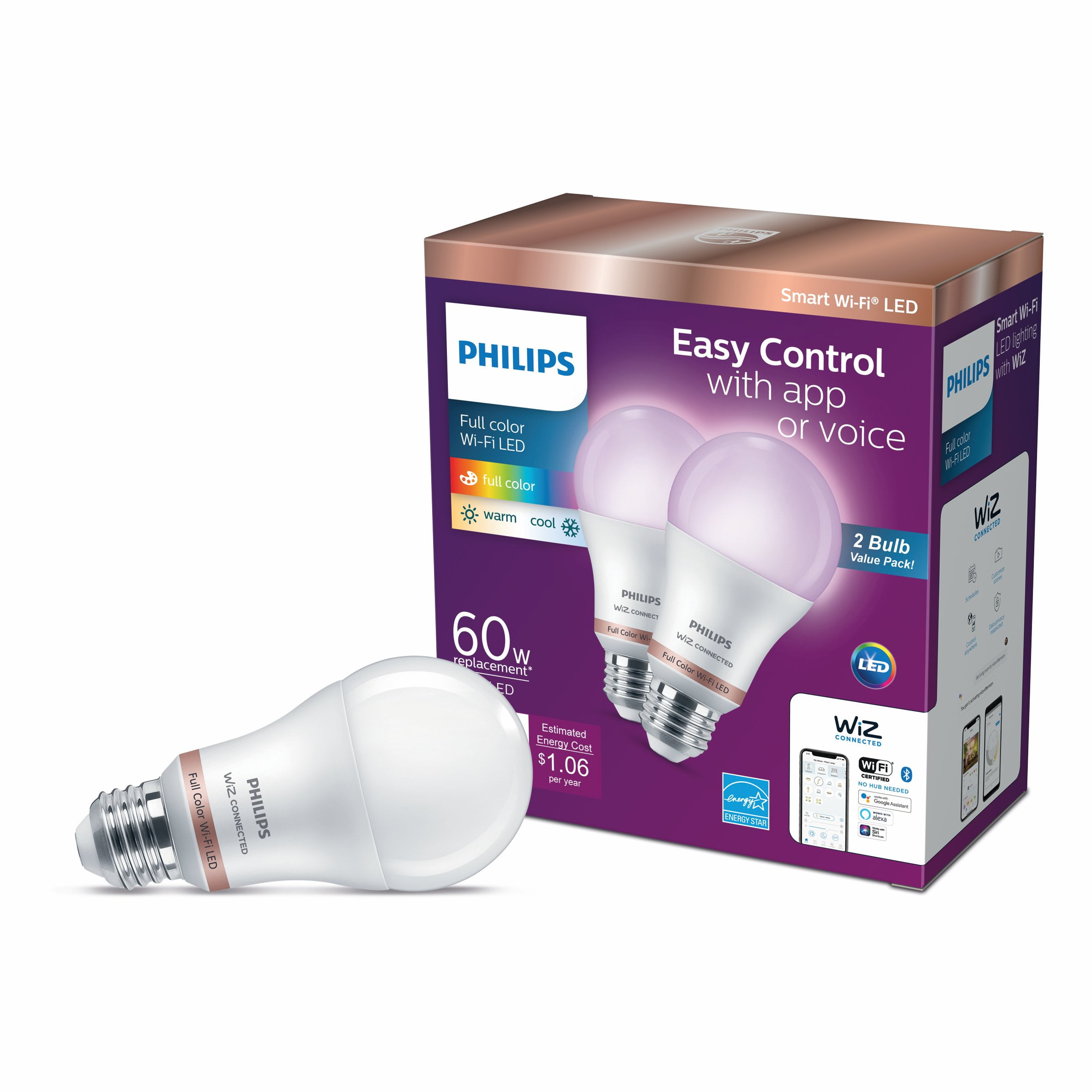 Philips Wiz A19 Wi-Fi Smart Bulb 2-Pack