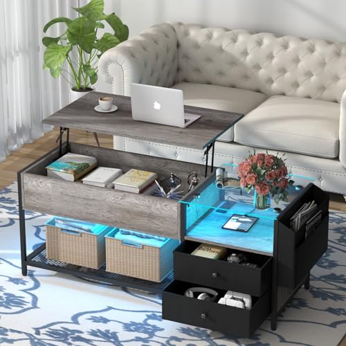 LED Lift Top Coffee Table with Hidden Compartment & Power Outlet