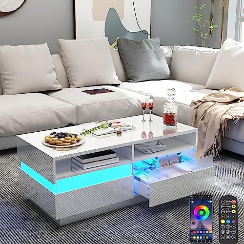 LED Coffee Table with 2 Drawers and Open Shelf