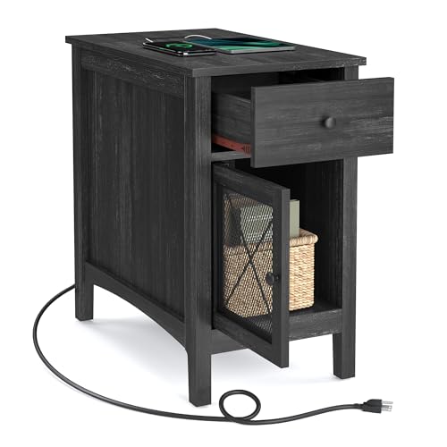 VASAGLE Side Table with USB Ports, Outlets, Storage Cabinet