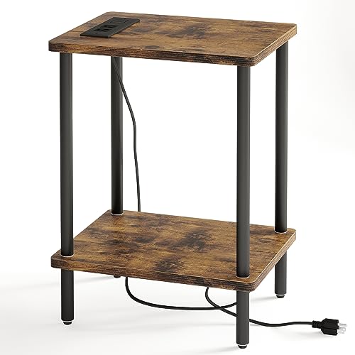 Brown Side Table with USB Ports and Power Outlets