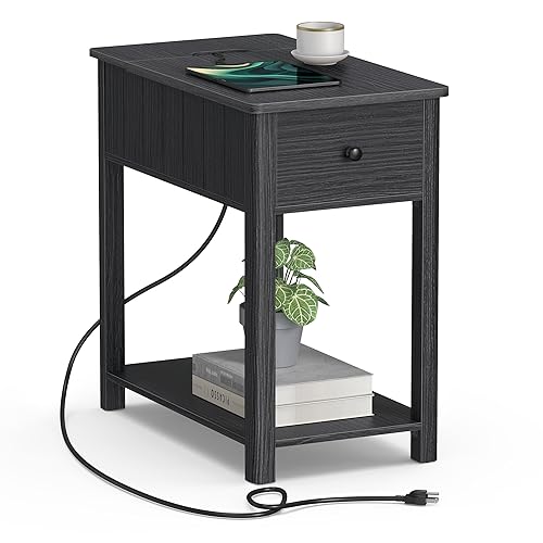 Modern Farmhouse Style Charging Station Side Table, Black