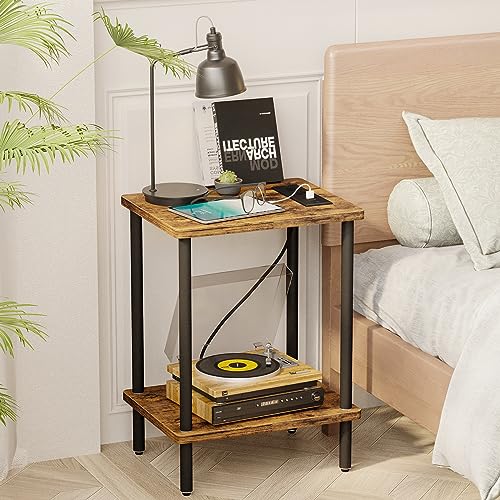 Brown Side Table with USB Ports and Power Outlets