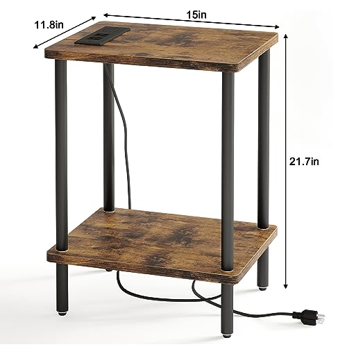 Brown Side Table with USB Ports and Power Outlets
