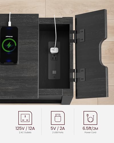 VASAGLE Side Table with USB Ports, Outlets, Storage Cabinet